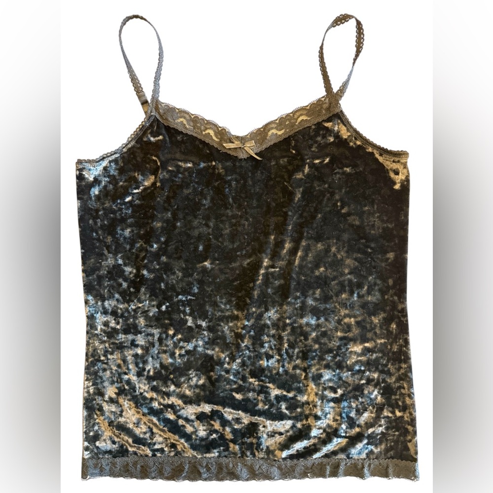 VTG Y2K Crushed Velvet Lace Black Cami XL Dark Coquette Bow Witchy Faded Glory